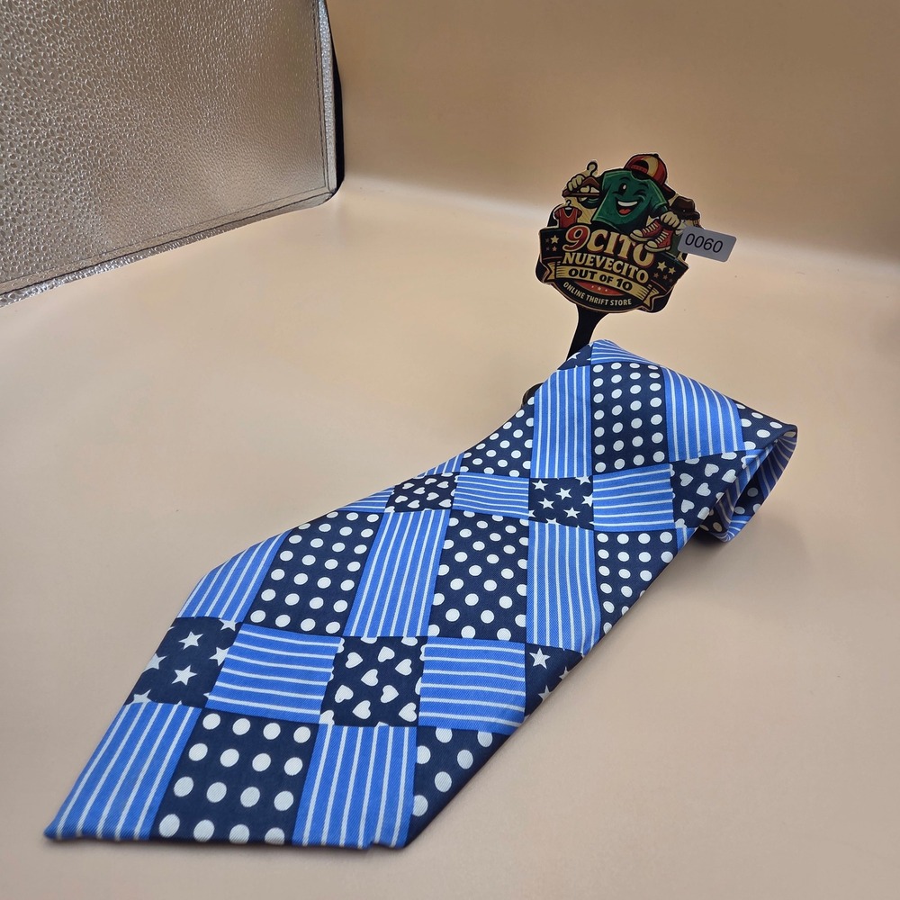 Maga Made in Italy Mens Silk Tie Blue Patchwork Stars Hearts Polka Dots Stripes